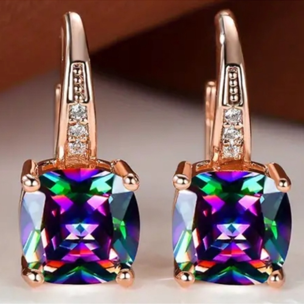 18K GOLD RAINBOW MYSTIC TOPAZ DIAMOND HOOP FRENCH BACK CLOSURE EARRINGS